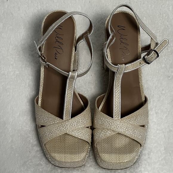 Wild pair Harperr White Linen Strap Sandals Cork Heel 8.5 NEW - Picture 6 of 15